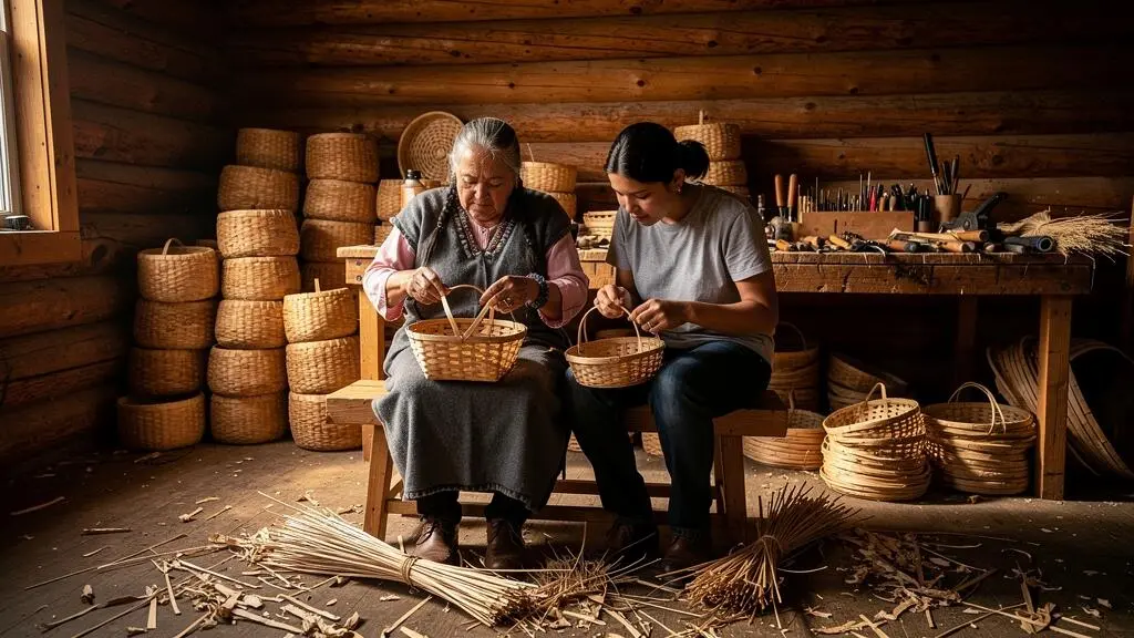 Une artisane aînée montre un geste de vannerie en écorce à un jeune apprenti assis à ses côtés dans un atelier en bois.