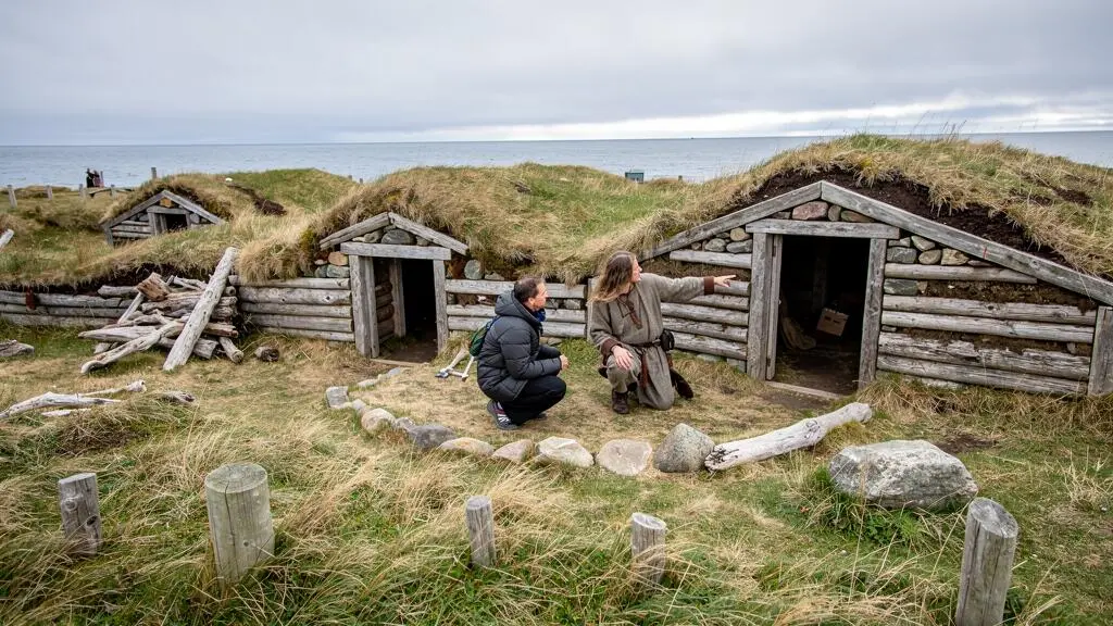 Un guide en costume nordique fait visiter des maisons reconstruites en tourbe sur le site côtier de L'Anse aux Meadows à Terre-Neuve.