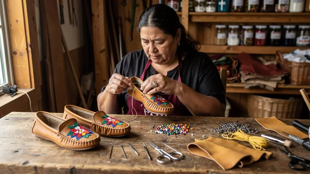 Une artisane autochtone coud un mocassin en cuir à la main dans un atelier, entourée de perles, d'outils et de mocassins en cours de fabrication.