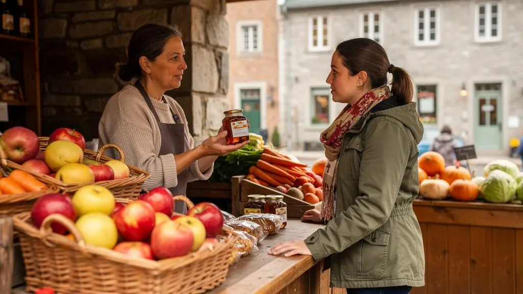 Une voyageuse discute avec une commerçante dans un marché de Québec devant des produits alimentaires régionaux et du sirop d'érable.