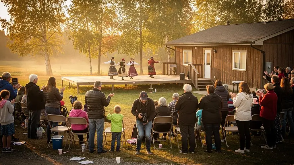Foule de visiteurs et d'habitants assistant à une danse traditionnelle lors d'une fête communautaire en plein air au Canada.