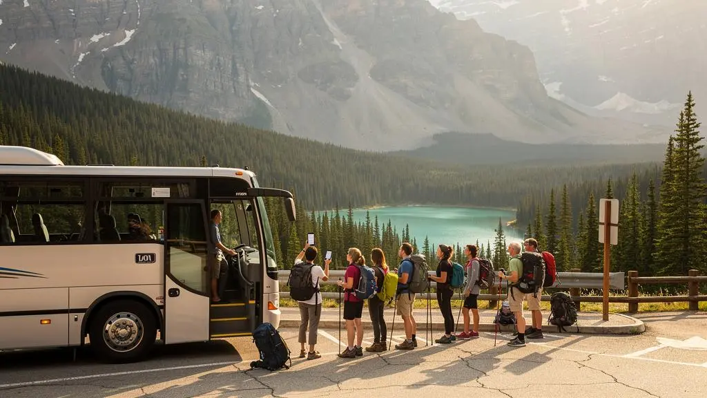 Voyageurs faisant la queue pour monter dans une navette devant un lac glaciaire turquoise entouré de sommets rocheux, tôt le matin