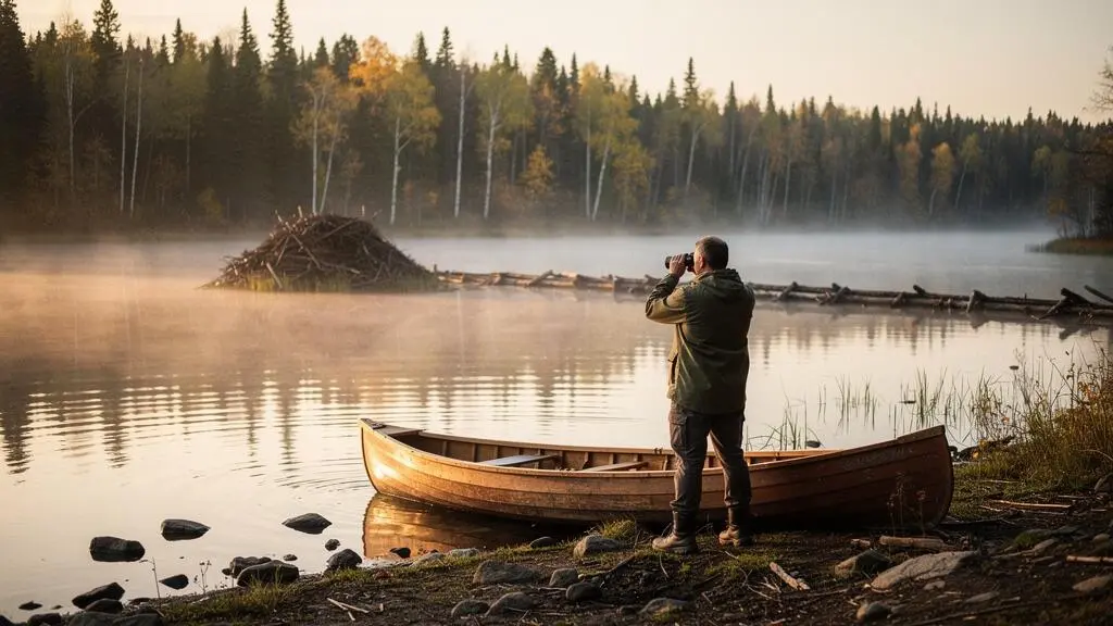 Un observateur debout au bord d'un lac boréal canadien à l'aube observe avec des jumelles une hutte de castor visible sur la rive opposée dans la brume.