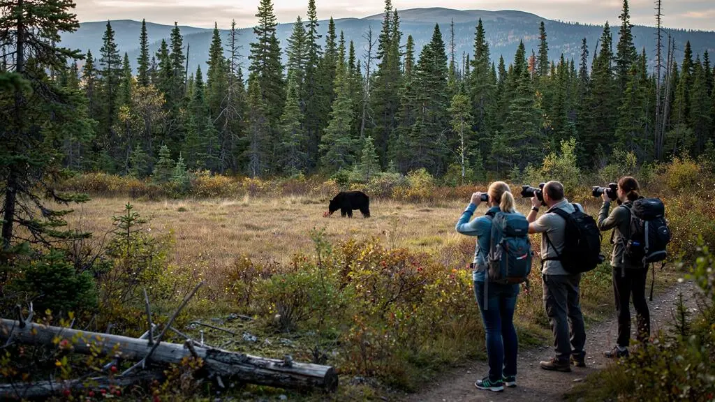 Des randonneurs observent un ours noir au loin dans une clairière forestière canadienne à l'aide de jumelles et d'un téléobjectif.