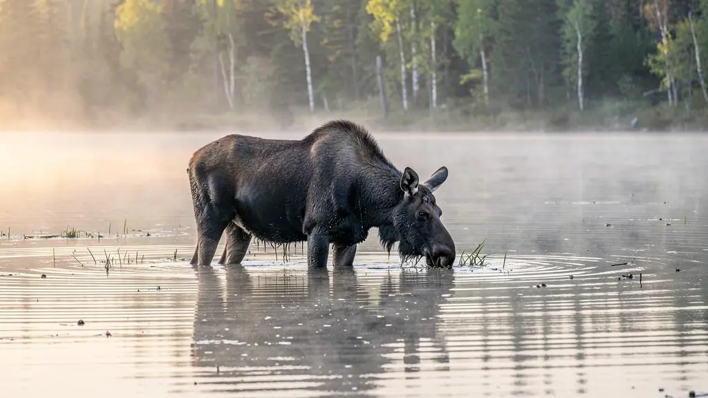 Un orignal broute la végétation aquatique dans un lac calme de forêt boréale canadienne, dans la brume de l'aube.