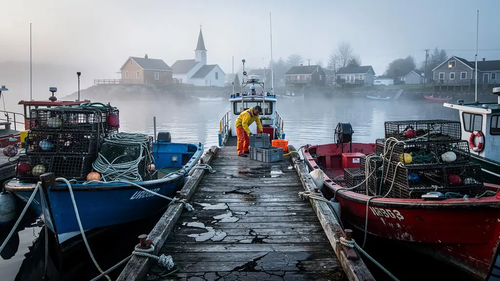 Un pêcheur débarque des caisses d'un bateau amarré à un quai de bois d'un petit port de pêche de la côte atlantique canadienne au petit matin.