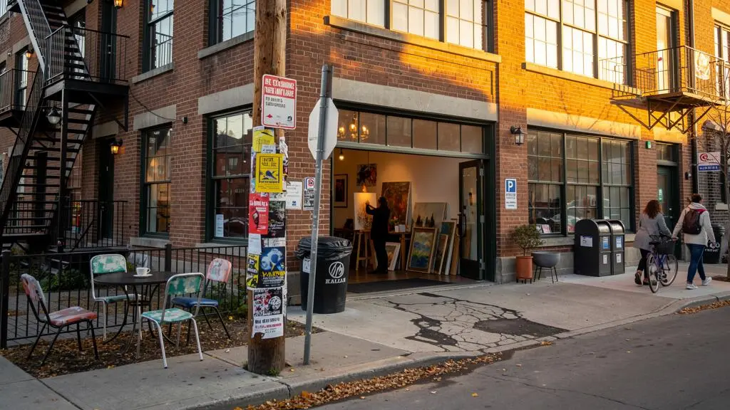 Une rue de quartier créatif montréalais avec des anciens bâtiments industriels en brique, un atelier d'artiste ouvert sur la rue et des passants