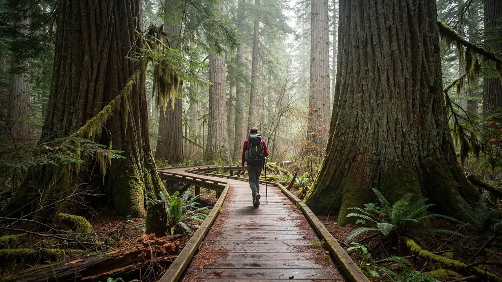 Une randonneuse marche sur une passerelle de bois au milieu d'une forêt pluviale tempérée aux conifères géants recouverts de mousse.