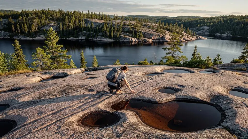 Randonneur observant une dalle de granite polie par les glaciers au bord d'un lac du bouclier canadien, au Canada.