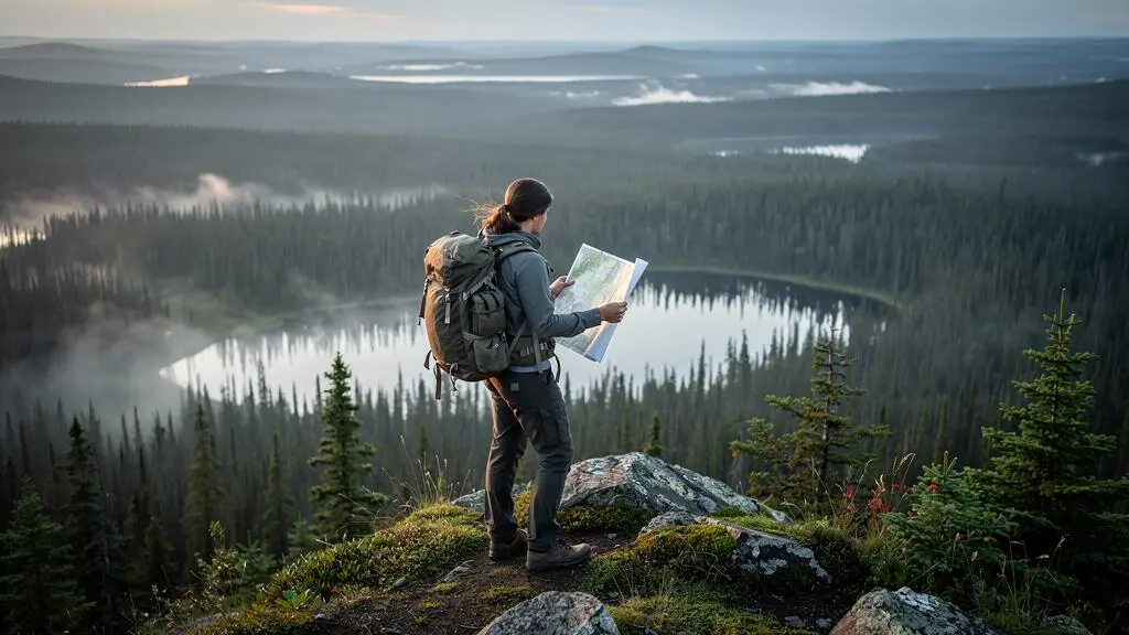 Un randonneur consulte une carte topographique sur un promontoire rocheux dominant une immense forêt boréale de conifères au Canada.