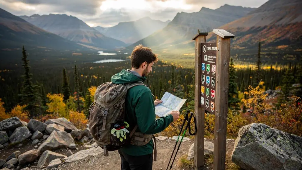Un randonneur avec un sac à dos consulte un panneau d'information de sentier au départ d'une randonnée dans un parc national canadien, avec montagnes et lac en arrière-plan.
