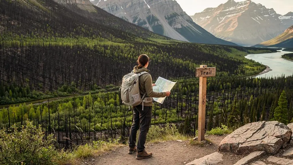 Un randonneur avec une carte papier observe une vallée des Rocheuses canadiennes où des troncs d'arbres brûlés côtoient une végétation en régénération.