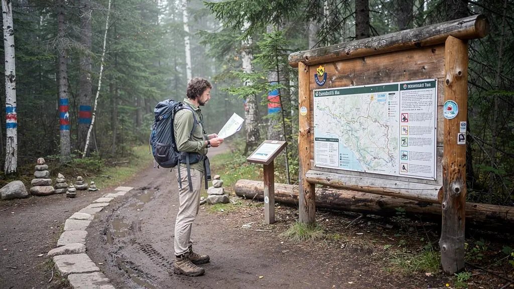 Une randonneuse lit un panneau d'information sur les niveaux de difficulté d'un sentier à l'entrée d'un parc canadien, carte en main.
