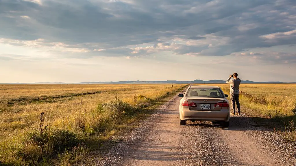 Une voiture garée sur une route de gravier au milieu des prairies de la Saskatchewan, un voyageur observant l'horizon aux jumelles sous un immense ciel.