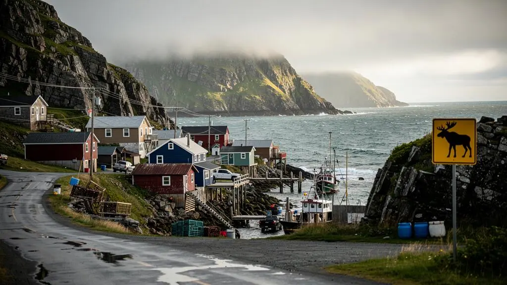 Un village de pêcheurs de Terre-Neuve niché entre falaises rocheuses et océan Atlantique, avec une route côtière descendant vers le port sous un brouillard marin.
