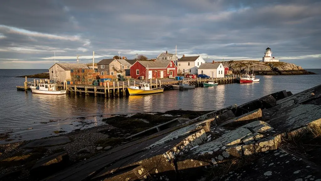 Village de pêche côtier en Nouvelle-Écosse avec maisons en bois colorées, quai, casiers à homard et phare au loin sous une lumière de fin d'après-midi