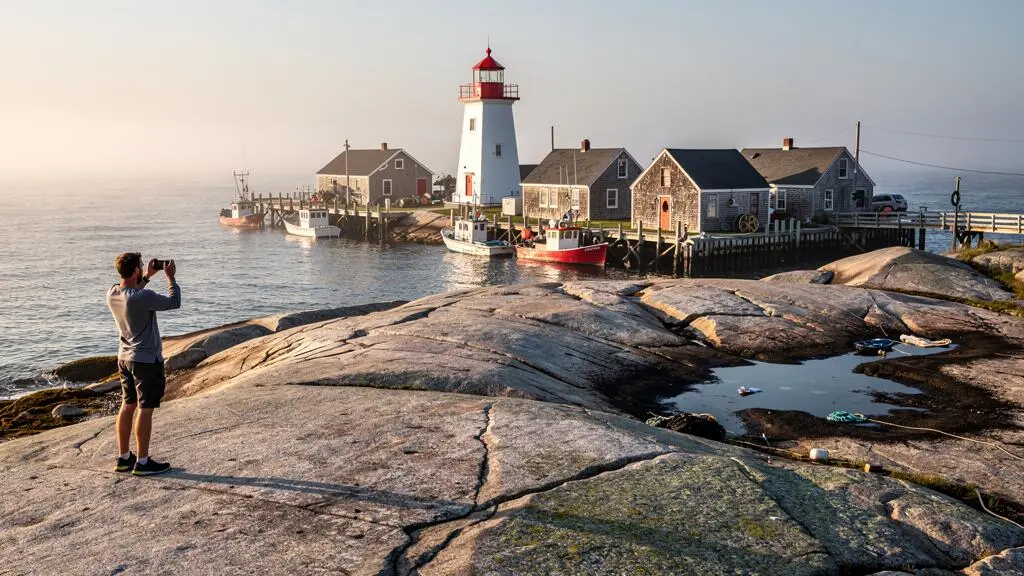 Un visiteur photographie le phare de Peggy's Cove depuis le plateau granitique du village de pêcheurs, en restant à bonne distance du littoral atlantique en Nouvelle-Écosse.