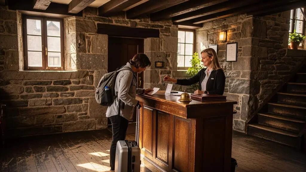 Un voyageur avec une valise effectue son enregistrement au comptoir en bois d'une auberge historique du Vieux-Québec, dans un hall à murs de pierre et poutres anciennes.