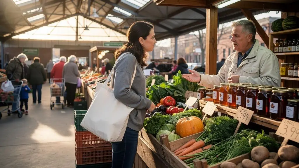 Un voyageur discute avec un producteur local derrière un étal de sirop d'érable et de légumes dans un marché public canadien animé.