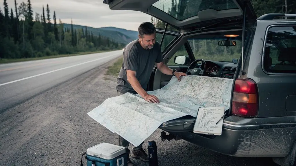 Un voyageur étudie une carte routière posée sur le coffre ouvert de sa voiture stationnée le long de la route Transcanadienne.